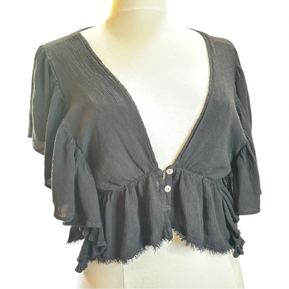 Free People Black Flutter Sleeve Crop Blouse - Picture 8 of 8